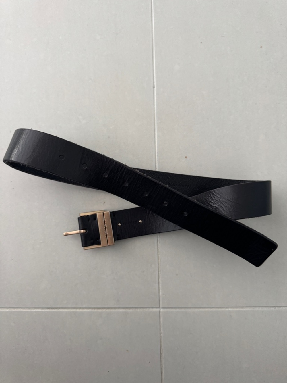 All saints Black Leather Belt with Gold Buckle